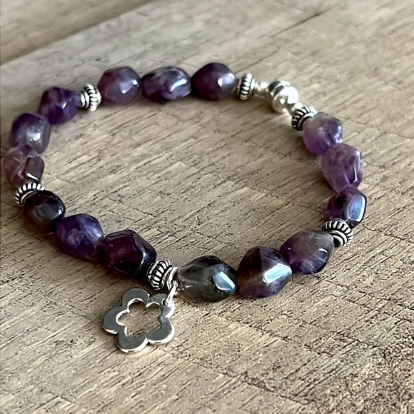 NEW Amethyst Bracelet with Sterling Silver Flower Charm - Picture 3 of 4